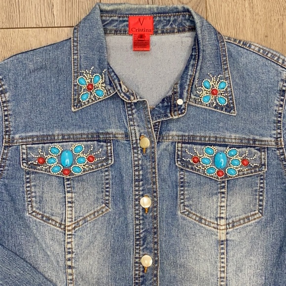 V Christina Women's Medium Blue Southwestern Influenced Jean Jacket - Picture 5 of 10